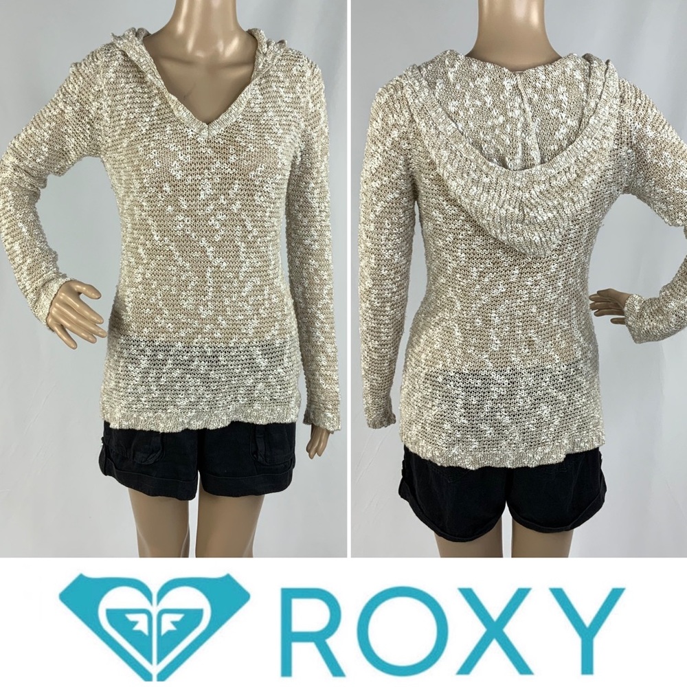 ROXY oatmeal open weave hooded long sleeve sweater